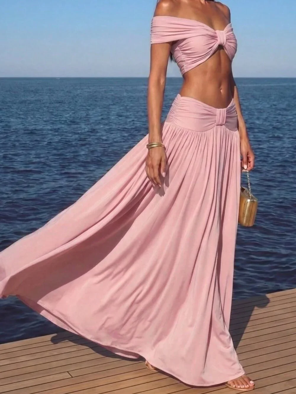 Pink Boho Women's Off Shoulder Twist Cropped Top And Wide-Leg Pants 2-Piece Set - Picture 5 of 5